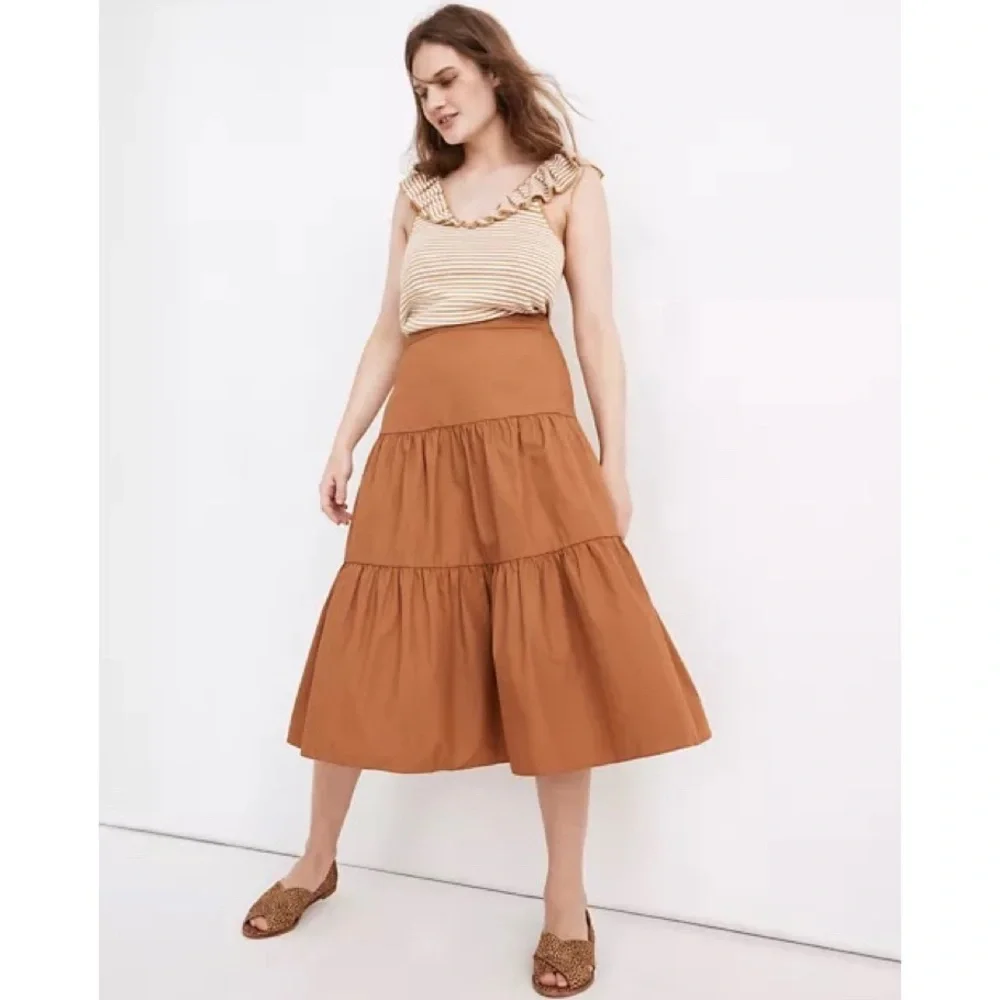 NWT Madewell Poplin Tiered Midi Skirt Rust Orange Fall Summer Spring Cotton 6